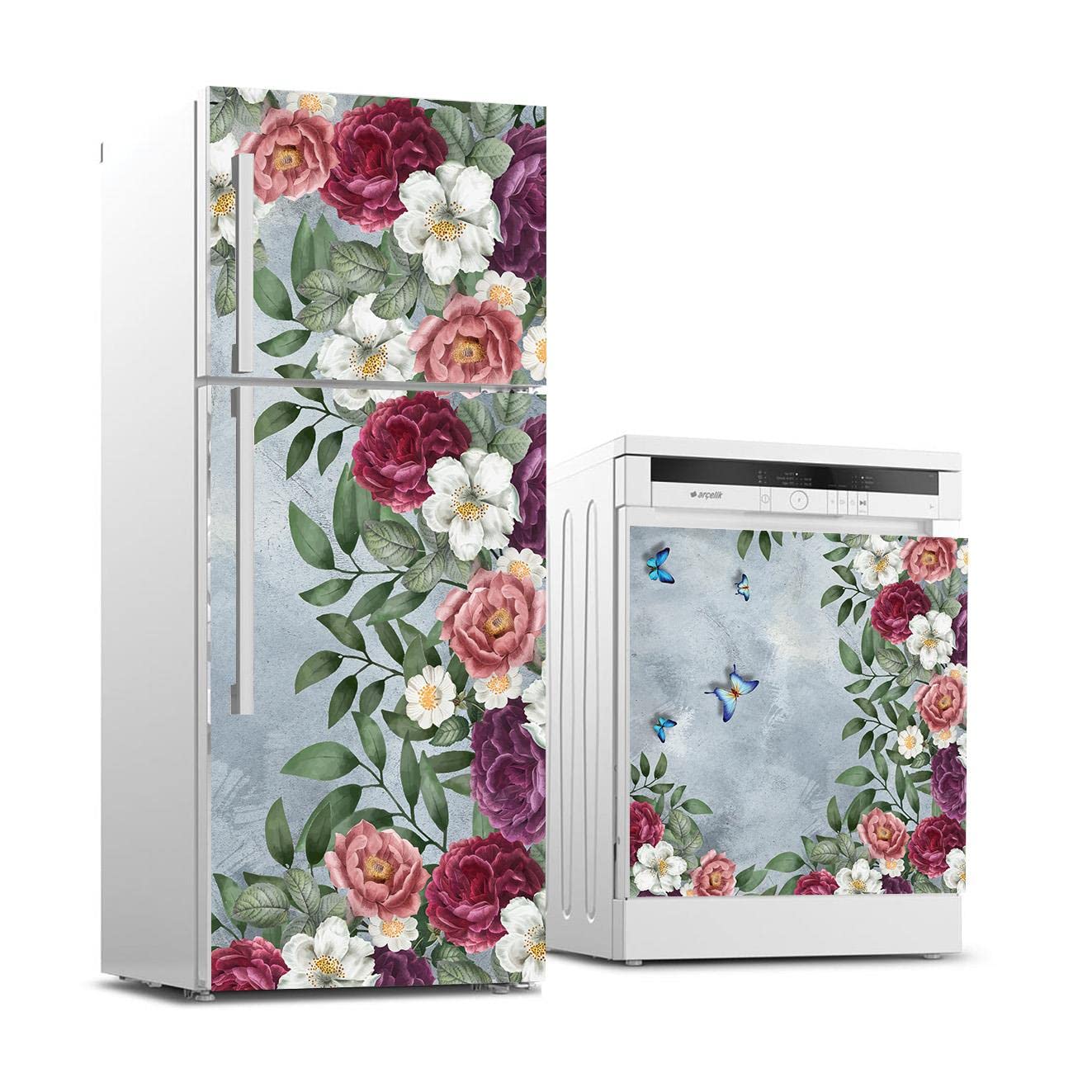 Buzdolabı ve Bulaşık Makinası Beyaz Eşya Sticker Kaplama Zarif Çiçekler