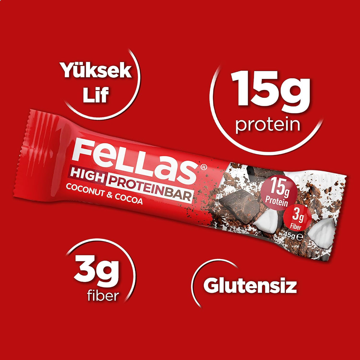 Fellas Yüksek Protein Bar, Hindistan Cevizli ve Kakaolu, 45gr x 12 Adet