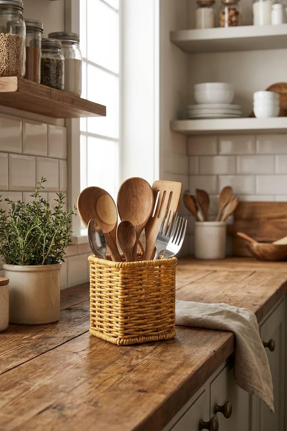 Kare Hasır Dokulu Plastik Rattan Kaşıklık ve Çatallık, Askılı Kendiliğinden Tutmalı Çok Amaçlı Mutfak Organizeri, 10x10x14 cm