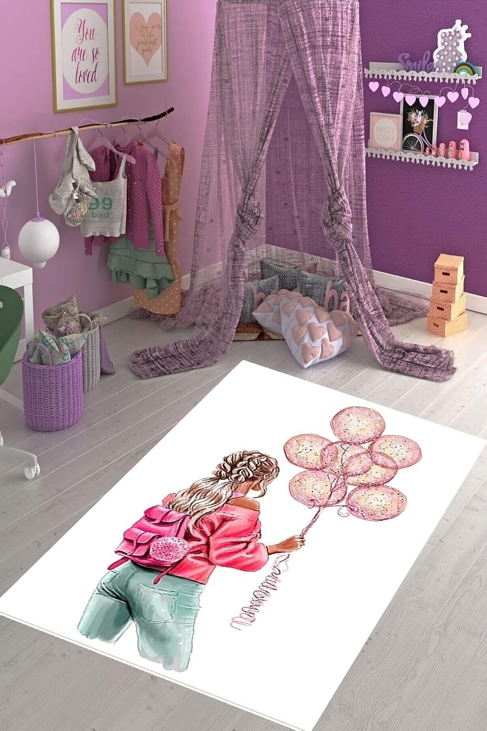 Pelangi Genç Kız Balon Desenli Çiçekli Halı Dijital Baskı Yıkanabilir Kaymaz Taban Kız Çocuk Odası Halısı, Renkli 100 x 350