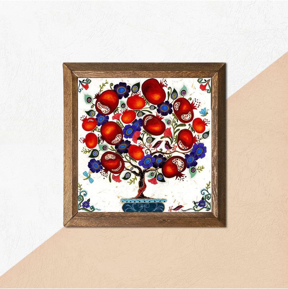 Pinecone Nar Ağacı Taş Duvar Tablosu Ahşap Çerçeveli Duvar Dekoru Wall Art 25x25cm W1-03