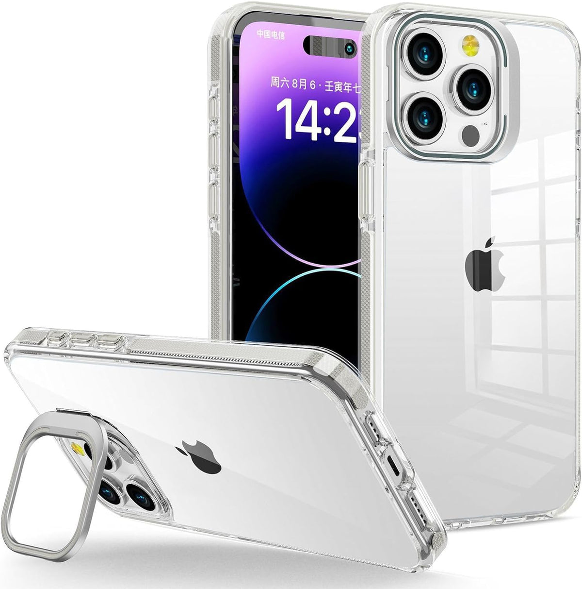 iphone 15 Pro Max için Hybrid Performance Serisi Ultra Şeffaf Sert Polikarbonat Arka Kısım Orta Sertlikte Silikon Kenarlar ve Stand Olabilen Lens Çerçeveli Kılıf (Natural Titanyum, 15 Pro Max)
