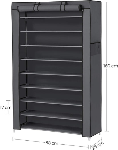 SONGMICS Toz Geçirmez Örtülü 10 Katlı Ayakkabı Rafı, 88x28x160 CM, Gri, RXJ36G