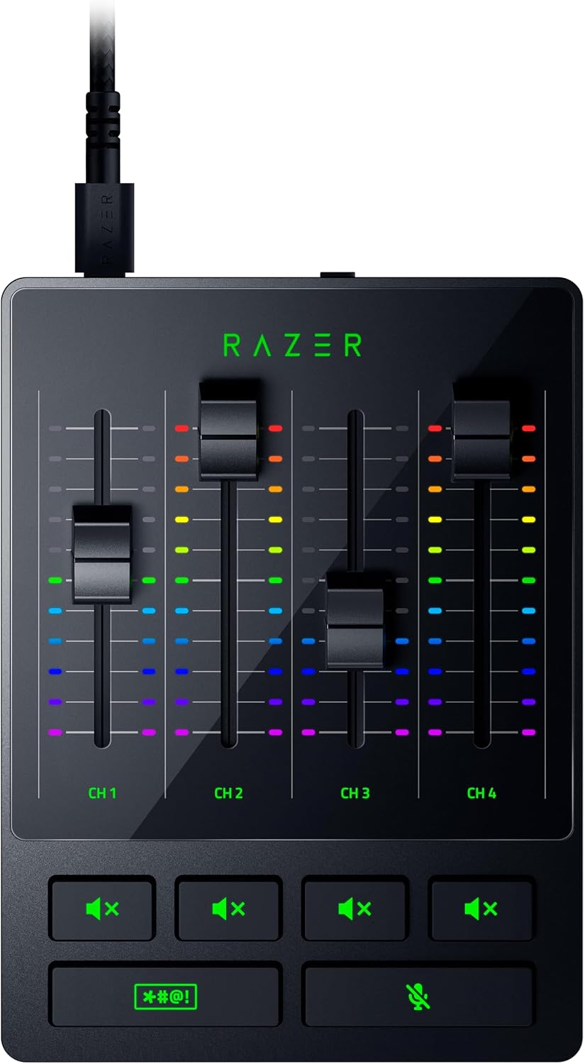 Razer Audio Mixer - XLR, 3,5 mm ve optik girişe sahip USB ses arabirimi - Sessiz düğmeli 4 kanallı arabirim - Tak ve çalıştır | Siyah