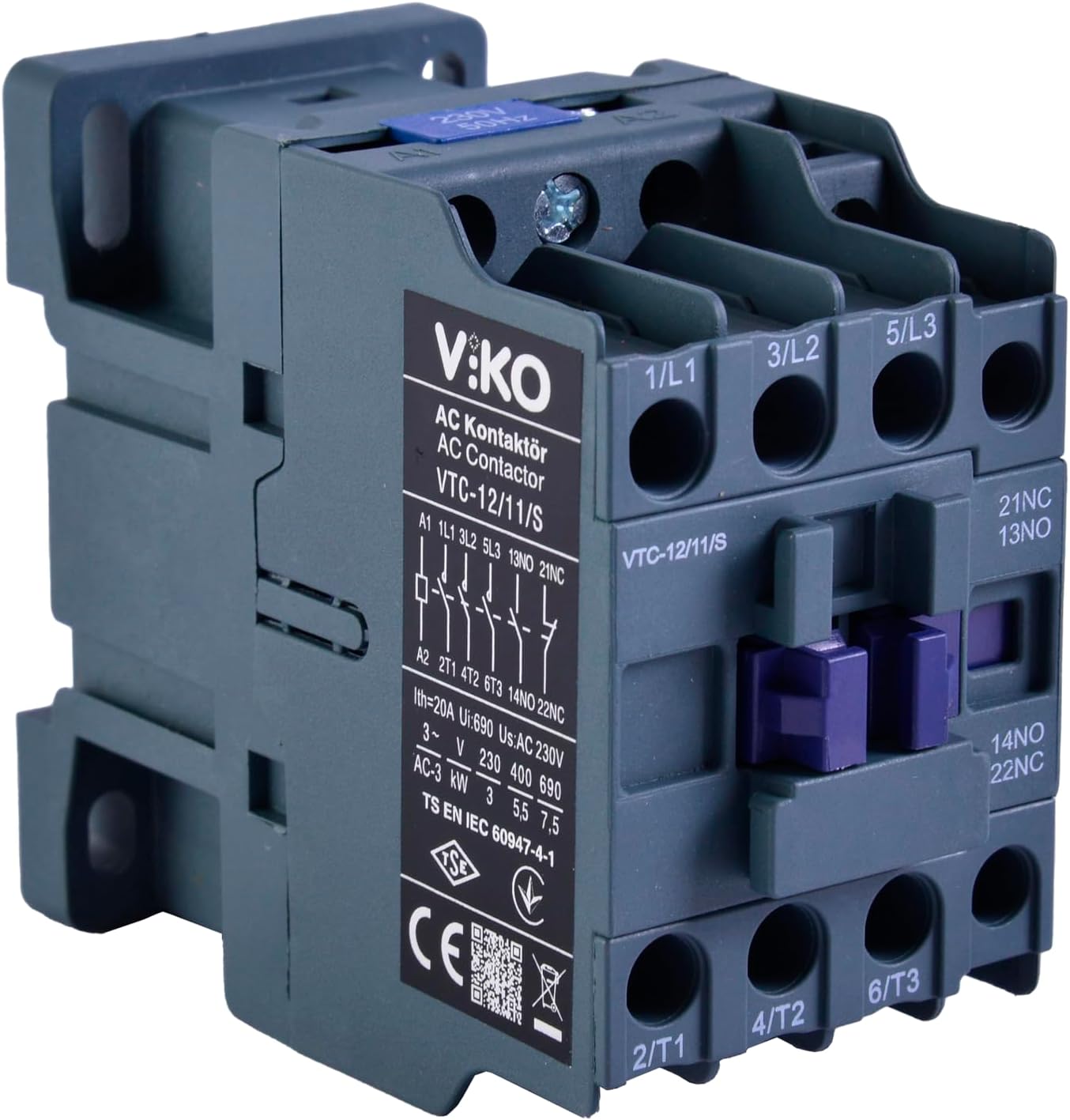 VTC-12/11/S Kontaktör 12A 1no+1nc 230V Bobinli