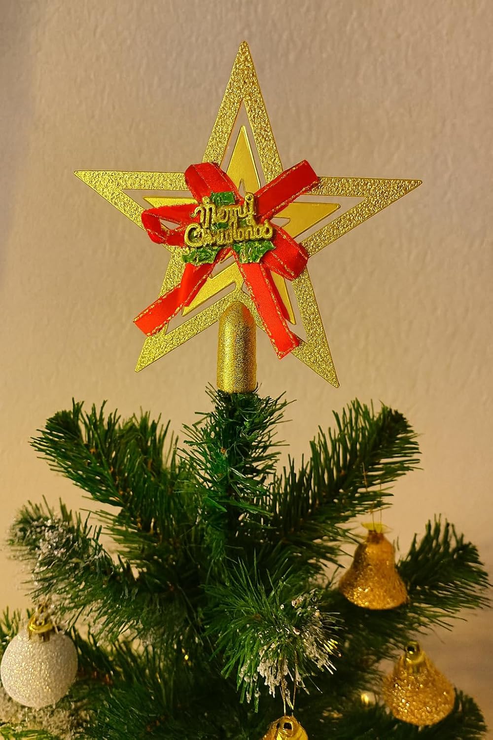 Yılbaşı Ağacı Yıldızı Gold Kurdelalı Merry Christmas Yazılı Yılbaşı Süsü