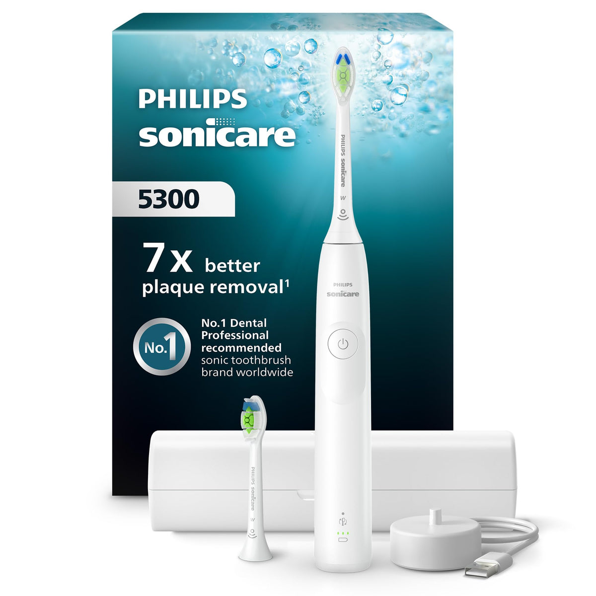 Philips Sonicare 5300 Şarjlı Diş Fırçası, 21 Gün Şarj, 7 kat plak temizliği, Basınç sensörü, 2 mod, Seyahat kabı, 2 başlık, Beyaz, HX7108/03