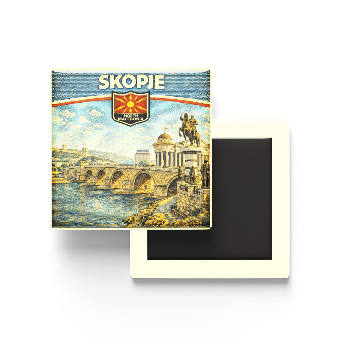Kuzey Makedonya Üsküp Şehri Temalı Vintage Buzdolap Magneti – 9x9 cm