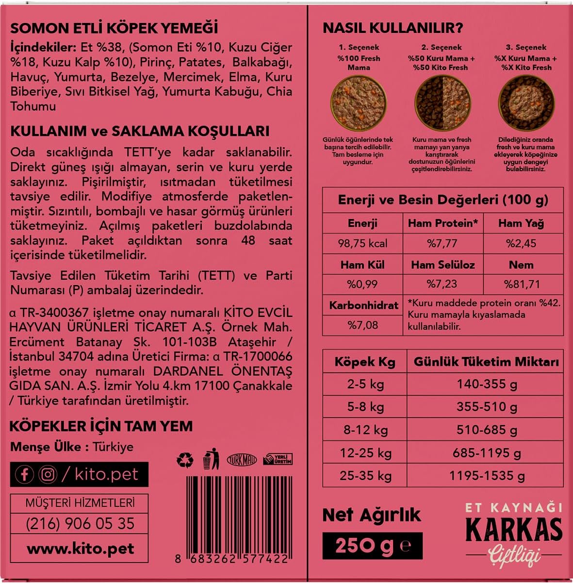 Kito Fresh Somon Etli Köpek Yemeği%100 Taze İçerikli Mama 250 gr