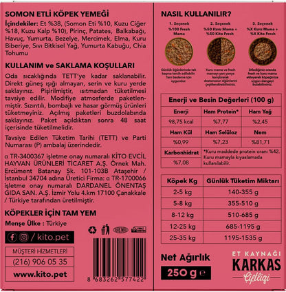Kito Fresh Somon Etli Köpek Yemeği%100 Taze İçerikli Mama 250 gr
