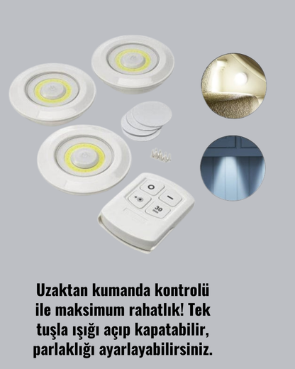 Çok Amaçlı Kullanım İçin Kablosuz Yapışkanlı 3 Lü Uzaktan Kumandalı Led Spot Lamba