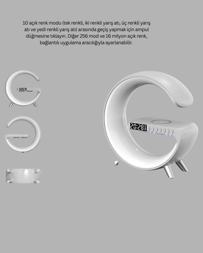 Bluetooth Hoparlörlü RGB Atmosfer Lambası Kablosuz Şarj ve Saat Özellikli