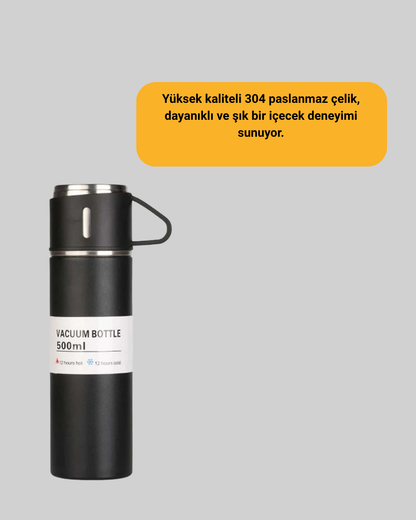 500 ml Isı Korumalı Çelik Termos ve Bardak Seti | Silikon Tabanlı, Şık ve Pratik