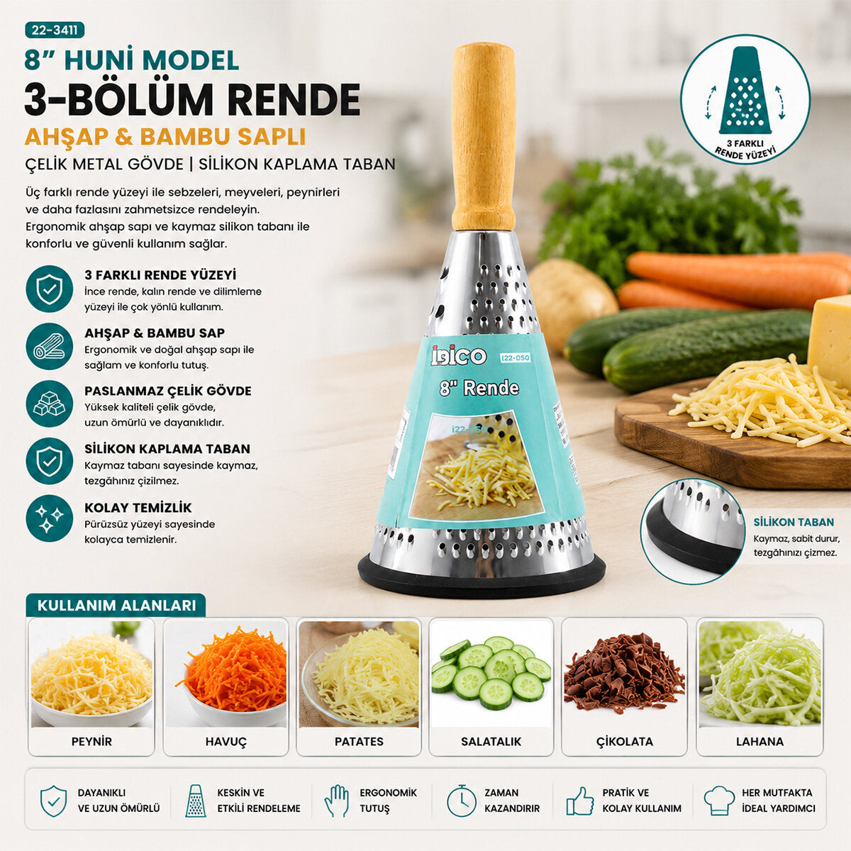 8 İNÇ - HUNİ MODEL AHŞAP - BAMBU SAPLI METAL RENDE SİLİKON TABANLI (5643)