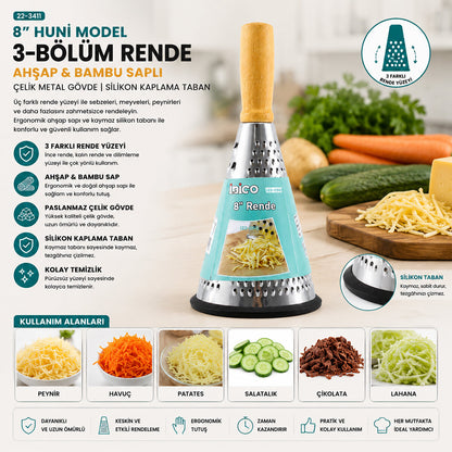 8 İNÇ - HUNİ MODEL AHŞAP - BAMBU SAPLI METAL RENDE SİLİKON TABANLI (5643)