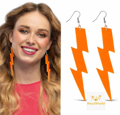 80’ler 90'lar Retro Neon Turuncu Şimşek Küpe 10 cm