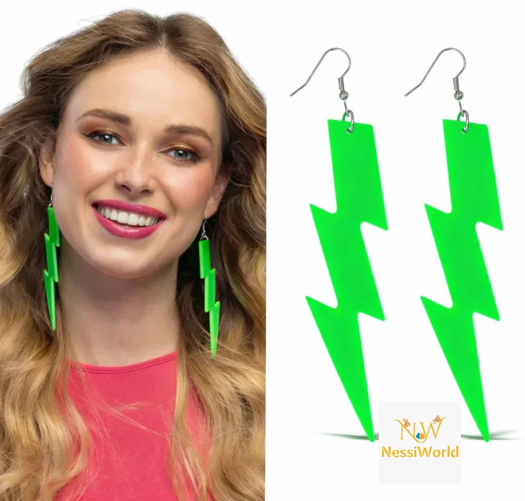80’ler 90'lar Retro Neon Yeşil Şimşek Küpe 10 cm