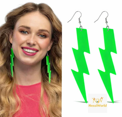 80’ler 90'lar Retro Neon Yeşil Şimşek Küpe 10 cm