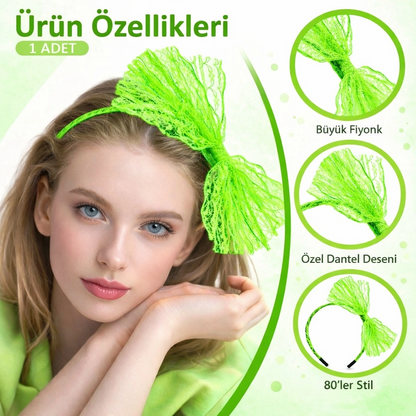 80’ler 90’lar Neon Yeşil Dantel Taç Fiyonklu