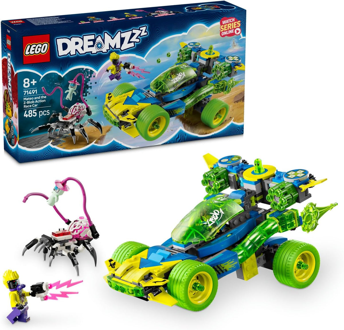 Mateo ve Z-Blob Aksiyon Yarış Arabası 71491-8 Yaş ve Üzeri Kız ve Erkek Çocukları için Yaratıcı Oyuncak Araç Yapım Seti, Doğum Günü Hediyesi (485 Parça)