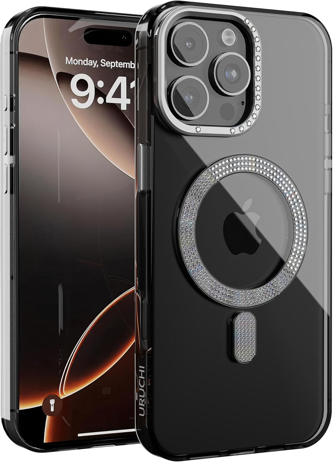 iPhone 15 ile Uyumlu Şeffaf Taşlı Mag-Safe Kılıf – Sert Mika Sararmaz Kılıf, N52 Güçlü Mıknatıs, Bağımsız Tuşlar, Lüks Kristal Tasarım (Siyah Şeffaf, iPhone 15)