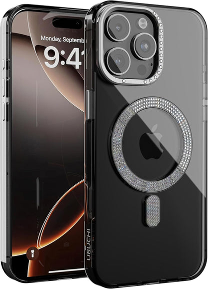 iPhone 15 ile Uyumlu Şeffaf Taşlı Mag-Safe Kılıf – Sert Mika Sararmaz Kılıf, N52 Güçlü Mıknatıs, Bağımsız Tuşlar, Lüks Kristal Tasarım (Siyah Şeffaf, iPhone 15)