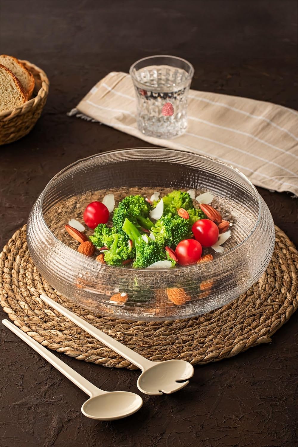 4306 El Yapımı Büyük Boy Kendinden Kaşıklı Cam Salata Meyve Çerez Makarna Sunum Kasesi Şeffaf 24 Cm