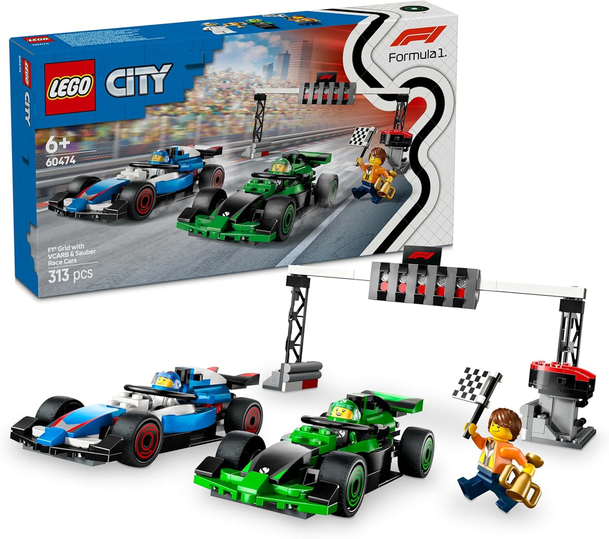 City VCARB ve Sauber Yarış Arabalı F1 Gridi Oyuncak Araç Seti 60474-6 Yaş ve Üzeri Kız ve Erkek Çocuklar için F1 Araba Oyuncağı ve 2 Sürücü Minifigürü İçeren Araç Seti, Hediye Fikri (313 Parça)
