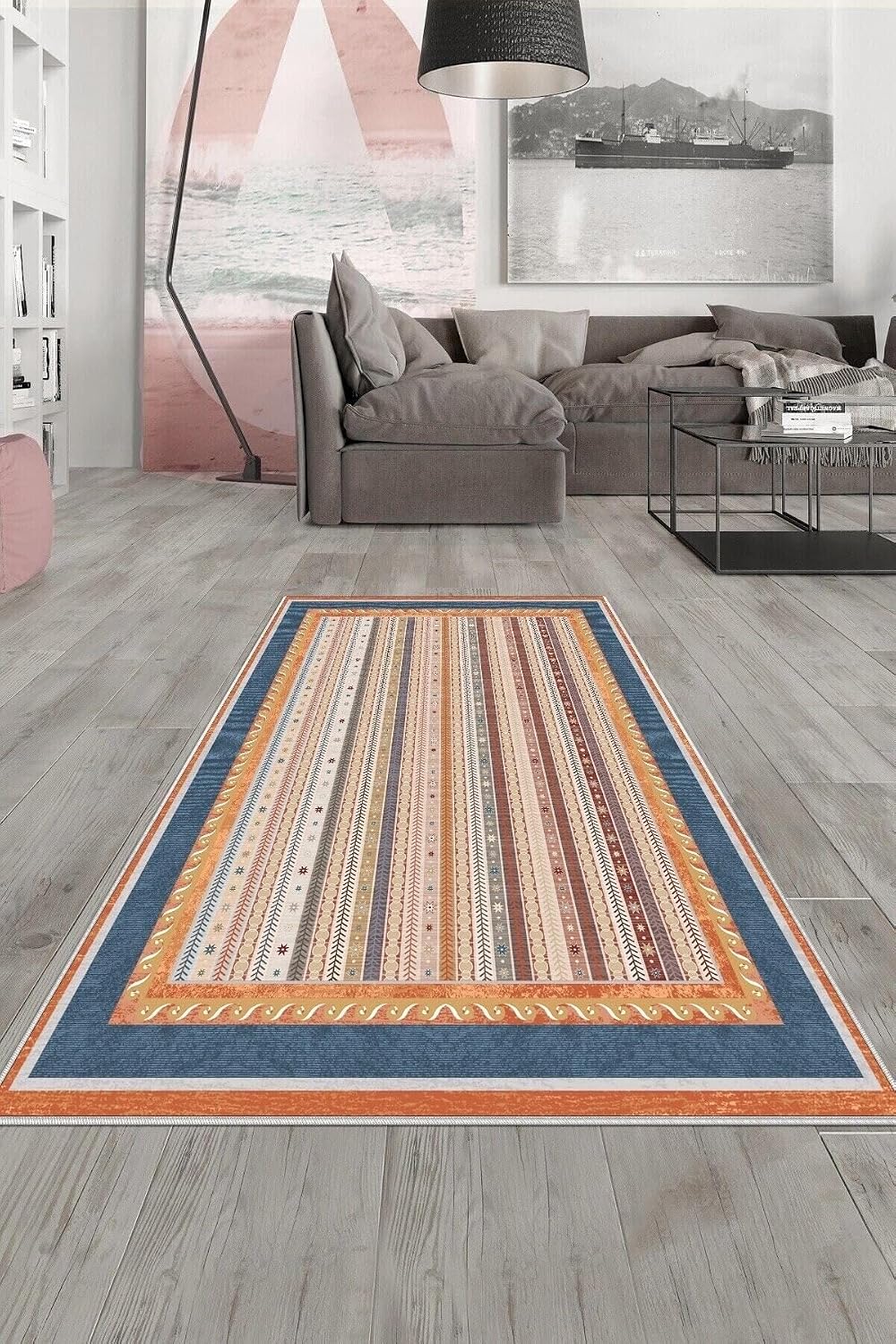 Pelangi Vizon Kilim Desenli Mavi Çerçeve Yıkanabilir Kaymaz Taban Leke Tutmaz Modern Salon Halısı Ve Yolluk, Mavi-Turuncu 180 x 250, 135809018025005