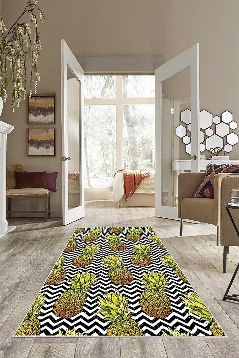 Pelangi Siyah Beyaz Zigzag Ananas Desen Yıkanabilir Kaymaz Taban Leke Tutmaz Modern Salon Halısı Ve Yolluk, Yeşil-Siyah 100 x 600, 135824510060005
