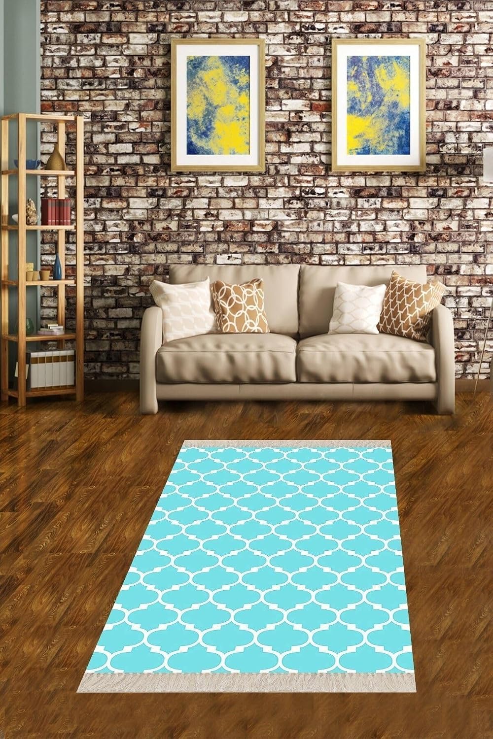 Pelangi Geometrik Karo Desenli Dijital Baskı Yıkanabilir Kaymaz Taban Modern Salon Halısı Ve Yolluk, Turkuaz 180 x 280