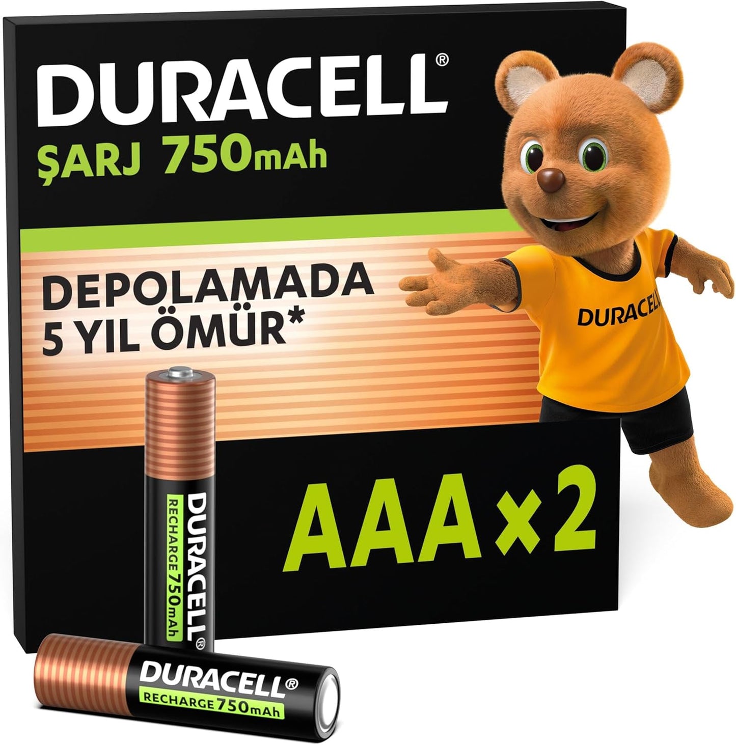 Şarj Edilebilir AAA İnce Kalem Pil (2'li paket) 750 mAh NiMH, 1000 Sarj Döngüsü, Önceden Sarj Edilmiştir