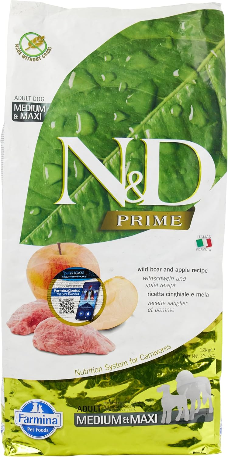 N&D Prime Kuru Köpek Maması, Tahılsız, Yaban Domuzu ve Elmalı, Yetişkin Medium ve Maxi 12 kg