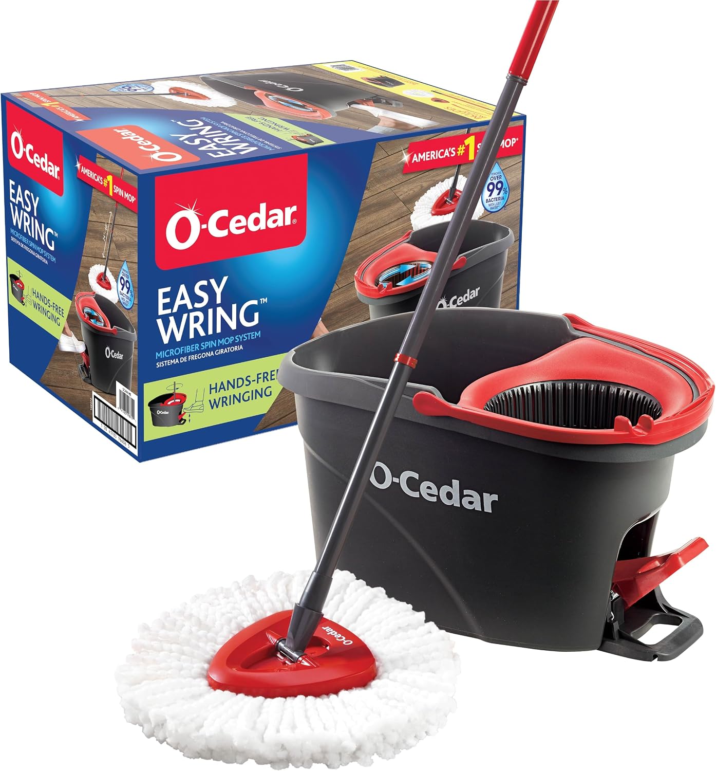 O-Cedar EasyWring Mikrofiber Spin Mop, Kovalı Zemin Temizleme Sistemi, Kırmızı, Gri