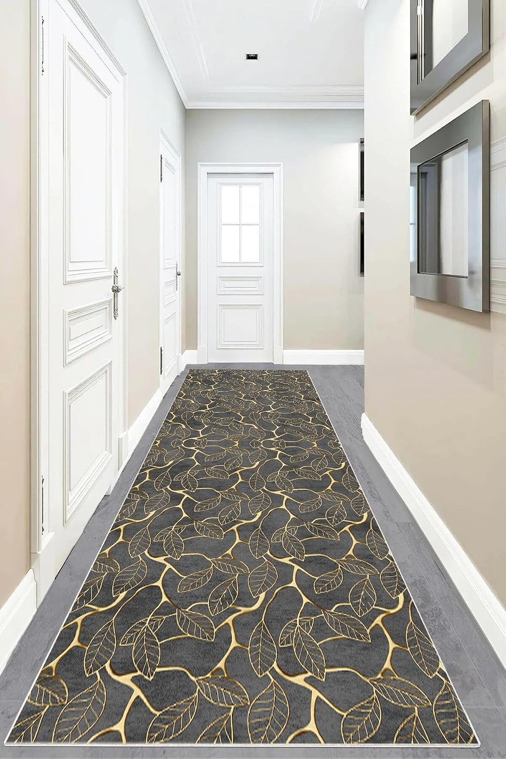 Pelangi Gold Yaprak Desenli Dijital Baskı Yıkanabilir Kaymaz Taban Klasik Salon Halısı Gri, Gri 100 x 500, 95542571005007
