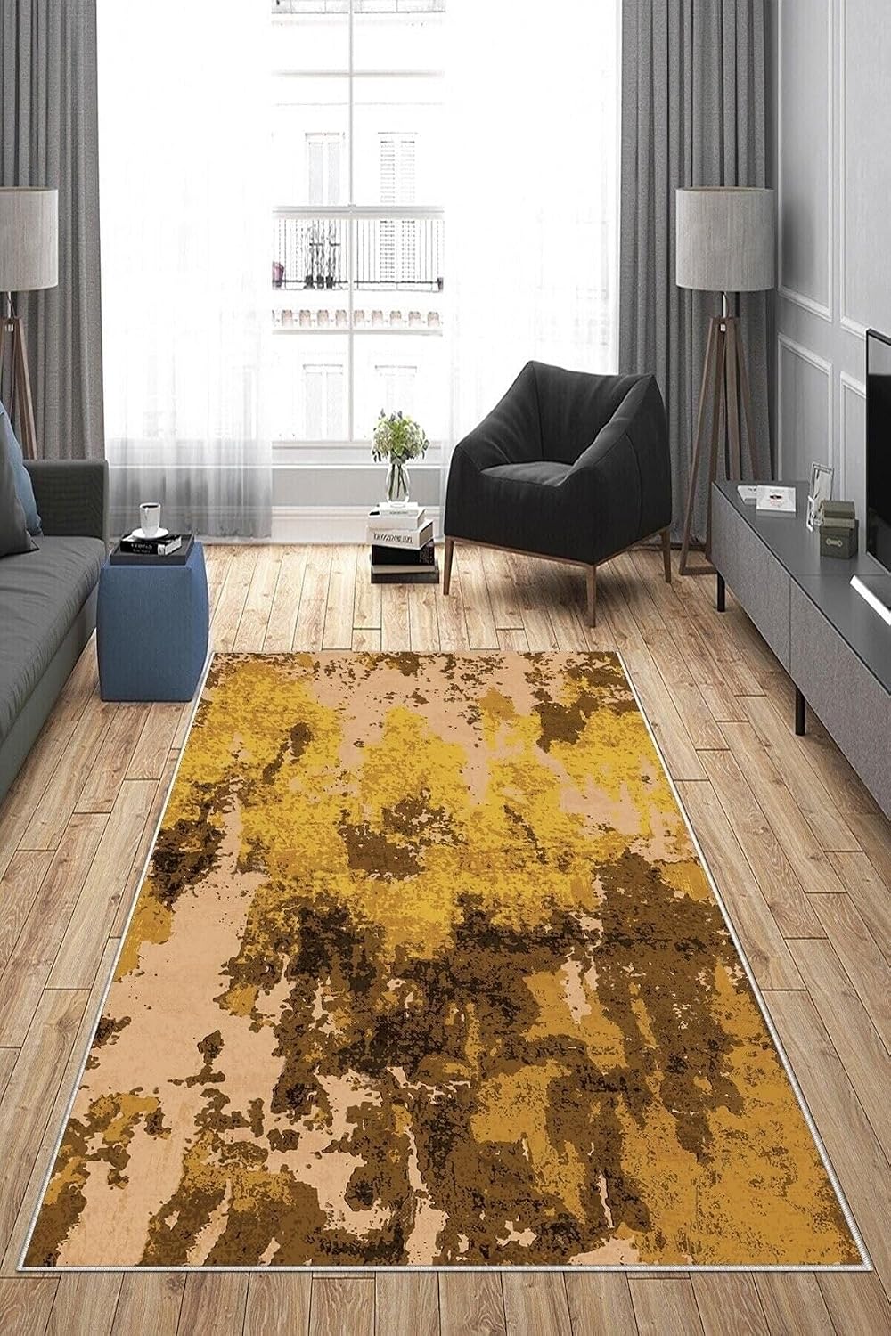 Pelangi Sarı Renkli Kum Desenli Yıkanabilir Kaymaz Taban Leke Tutmaz Modern Salon Halısı Ve Yolluk, Sarı-Taba 160 x 350, 135818716035005