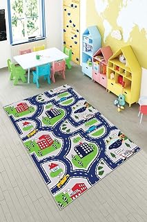 Pelangi Mavi Araba Trafik Yollu Yıkanabilir Kaymaz Taban Leke Tutmazbebek Ve Çocuk Odası Halısı, Yeşil-Lacivert 180 x 250, 901357109180250