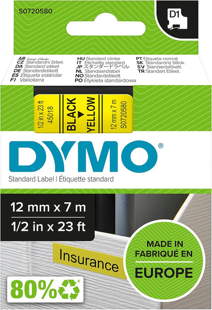 Dymo S0720580, D1 Yedek Şerit (12 mm x 7 mt), Sarı/Siyah (45018)