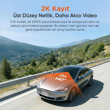 Juo C10 2K QHD WiFi Ekranlı Araç Kamerası 140 Derece Geniş Açı Gece Görüş G-Sensörlü Araç İçi Kamera