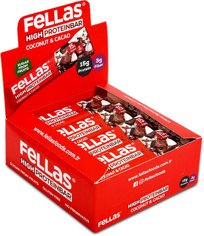 Fellas Yüksek Protein Bar, Hindistan Cevizli ve Kakaolu, 45gr x 12 Adet