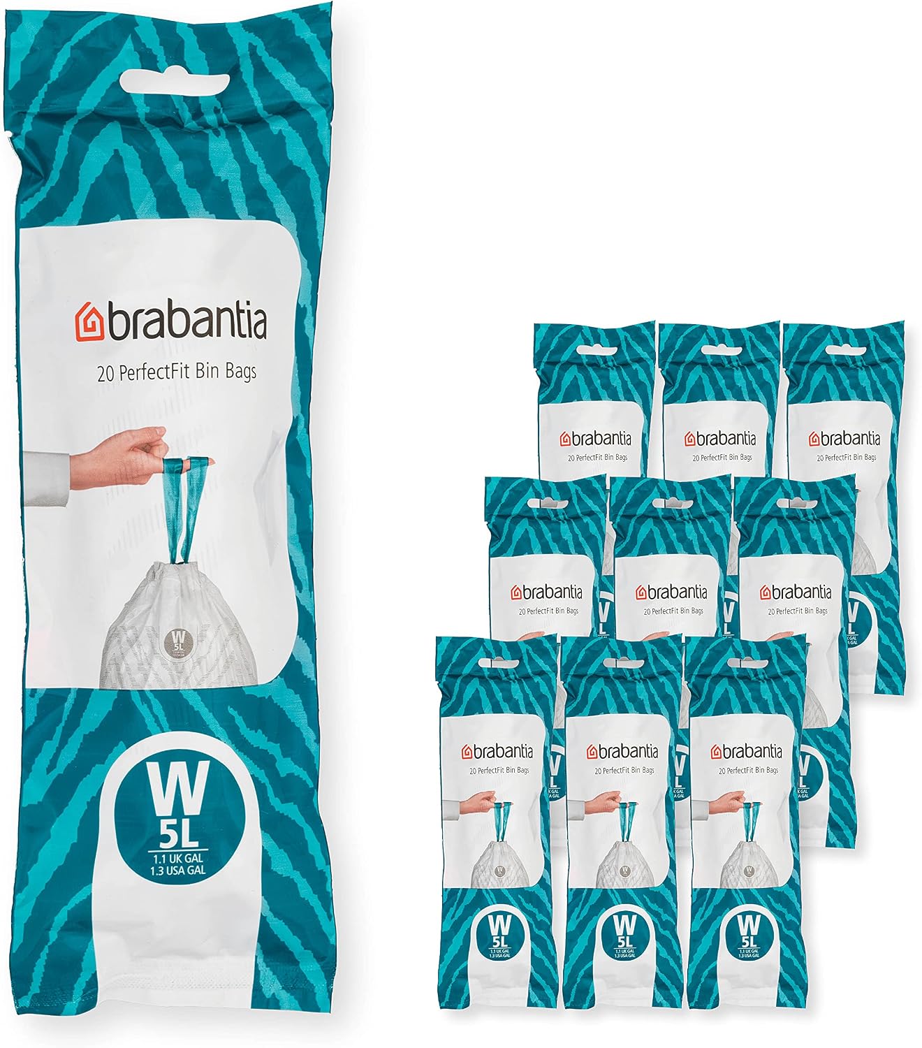 Brabantia PerfectFit çöp torbası, çoklu paket (kod W/5 l) ekstra güçlü çöp torbaları, çekme bantlı, 10 rulo (200 çöp torbası)