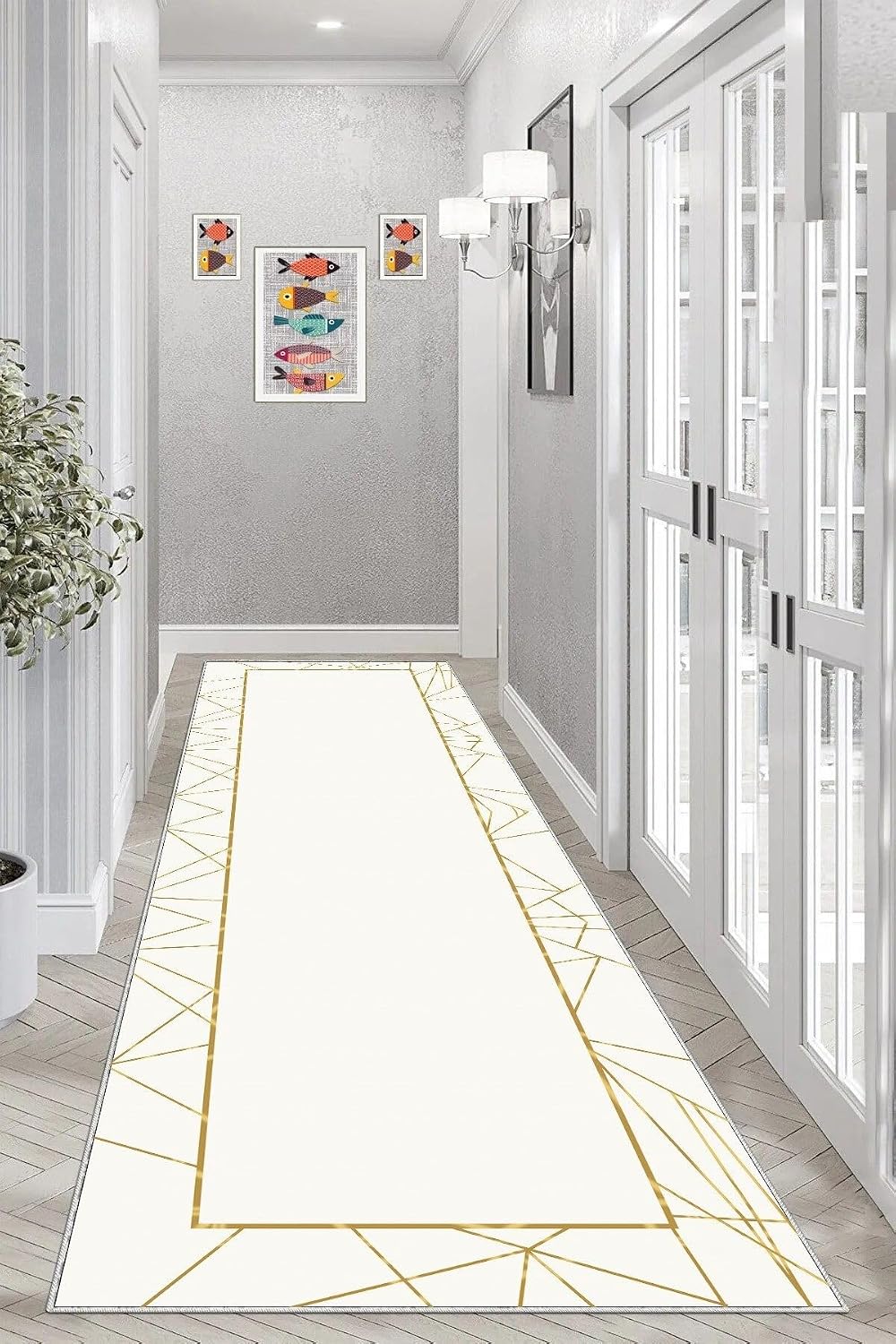 Pelangi Mermer Desenli Gold Çerçeveli Dijital Baskı Yıkanabilir Modern Salon Halı ve Yolluk, Beyaz 80 x 500, 9554196805007