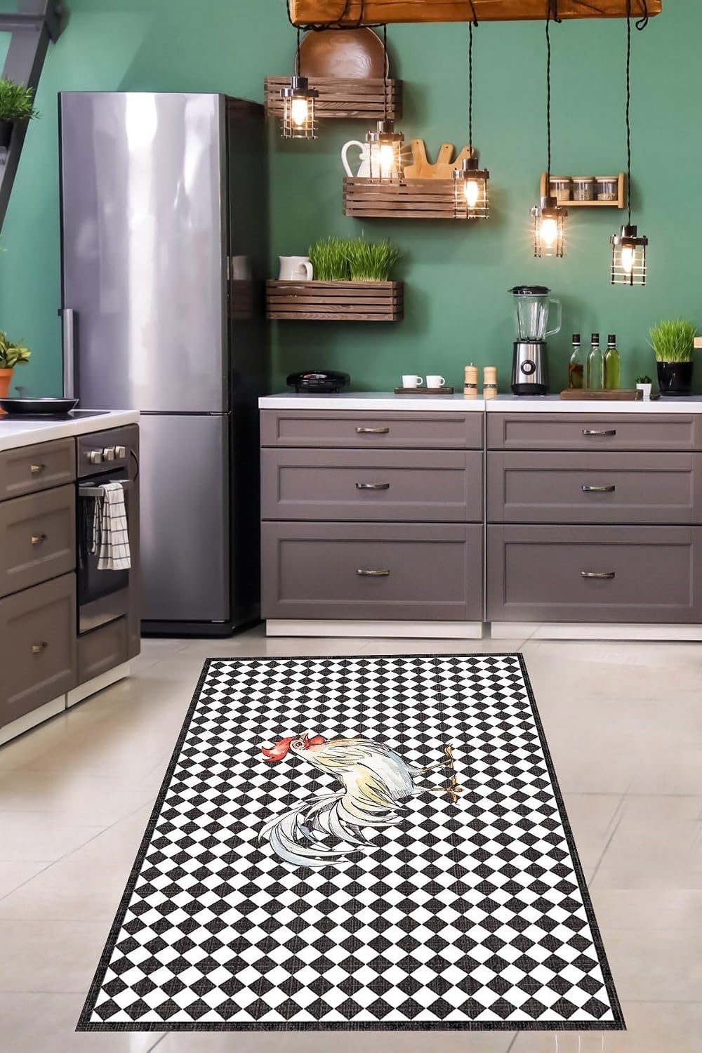 Pelangi Horoz Karo Kitchen Desenli Dijital Baskı Yıkanabilir Kaymaz Taban Mutfak Halısı ve Yolluk, Gri 100 x 400