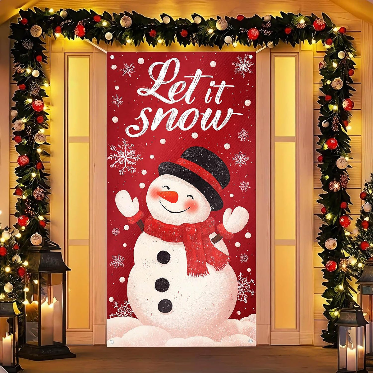 BlissYard Merry Christmas Kapı Örtüsü 171 x 71 cm Tatil Ön Sundurma Kapı Afiş Dekorasyon Kış Kırmızı Kardan Adam Siyah Şapka Eşarp ile Let It Snow Teması Tatil Partisi İç Mekan Dış Mekan Dekoru
