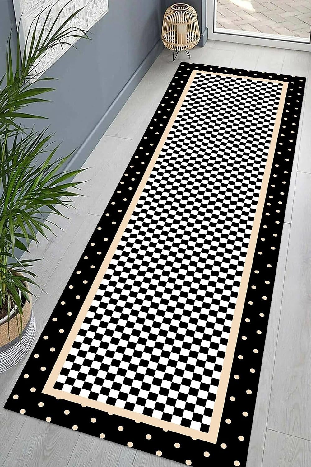 Pelangi Dama Desenli Geometrik Dijital Baskı Yıkanabilir Kaymaz Taban Modern Salon Halı ve Yollu, Kahverengi 100 x 400, 95541311004007