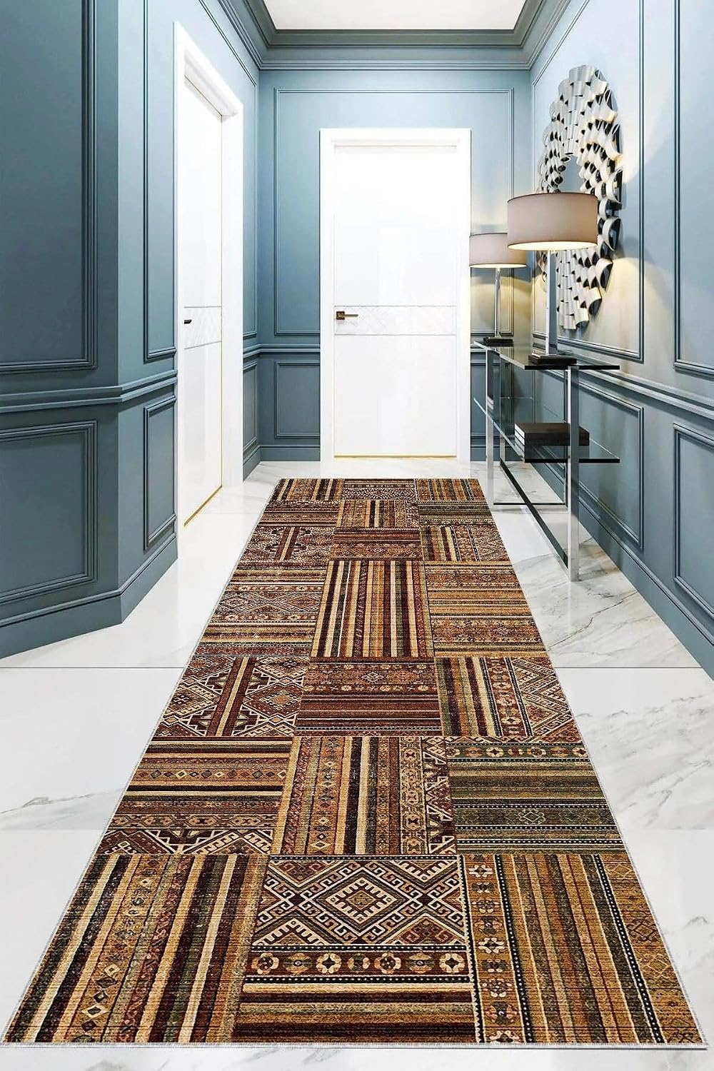 Pelangi Kilim Desenli Etnik Dijital Baskı Yıkanabilir Kaymaz Taban Eskitme Salon Halı ve Yolluk, Kahverengi 100 x 600, 95548951006007