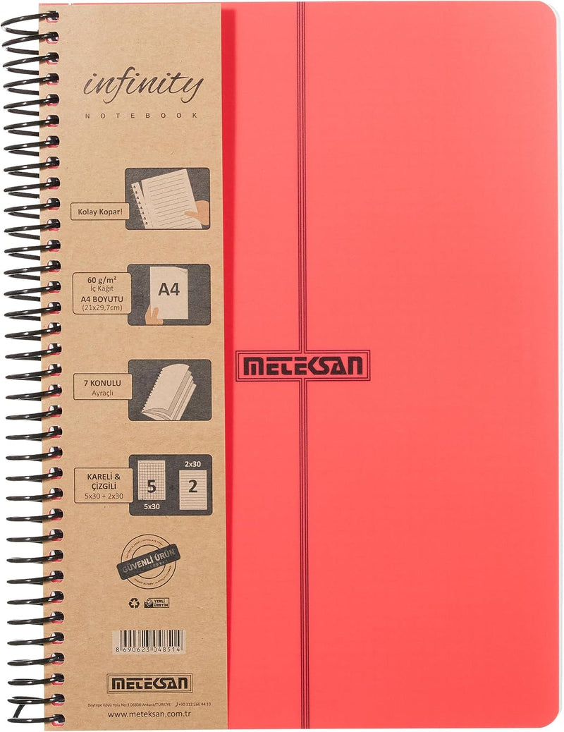 Meteksan Infinity Primary Serisi, A4, 7 Konulu (5 Kareli, 2 Çizgili) 210 Yaprak PP Kapaklı Spiralli Defter, Kırmızı