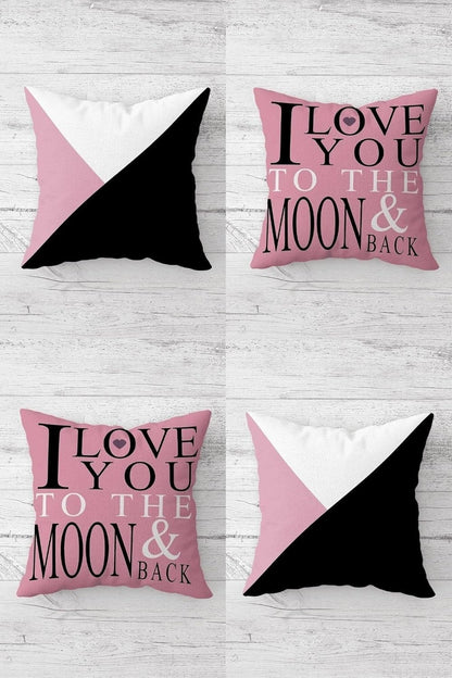 I Love You To The Moon Gizli Fermuarlı Kırlent Kılıfı Koltuk Yastık Kılıfı Takım(4adet), Pembe 45 x 45