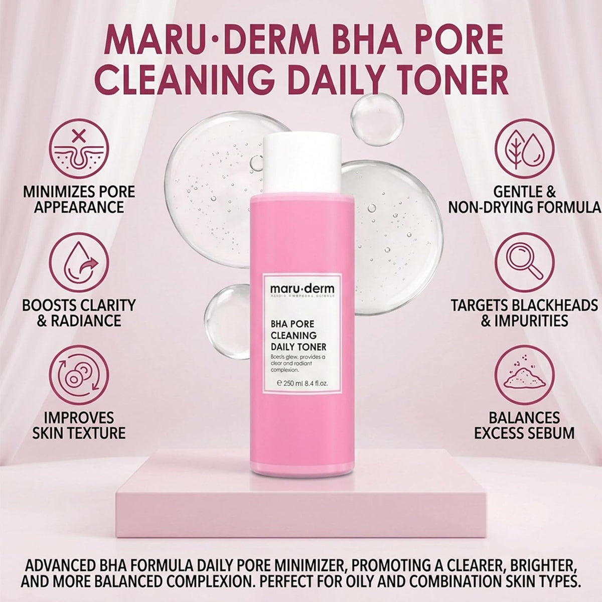 Maruderm Salisilik Asit%2 Tonik – Gözenek Görünümü ve Siyah Nokta Karşıtı Arındırıcı Cilt Bakım Toniği, Niasinamid & Papatya ile, 250 ML