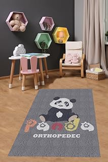 Pelangi Sevimli Panda Gri Yıkanabilir Kaymaz Taban Leke Tutmaz Çocuk Odası Halısı, Siyah-Beyaz-Gri-Turuncu 80 x 350, 9038680056280350